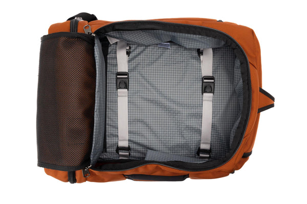 An open Techonaut 45 with a Burnt Orange exterior and a Northwest Sky (grey) interior.
